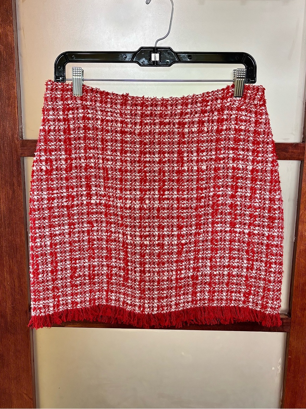 Generation Love Red and White Tweed Fringe Mini Skirt